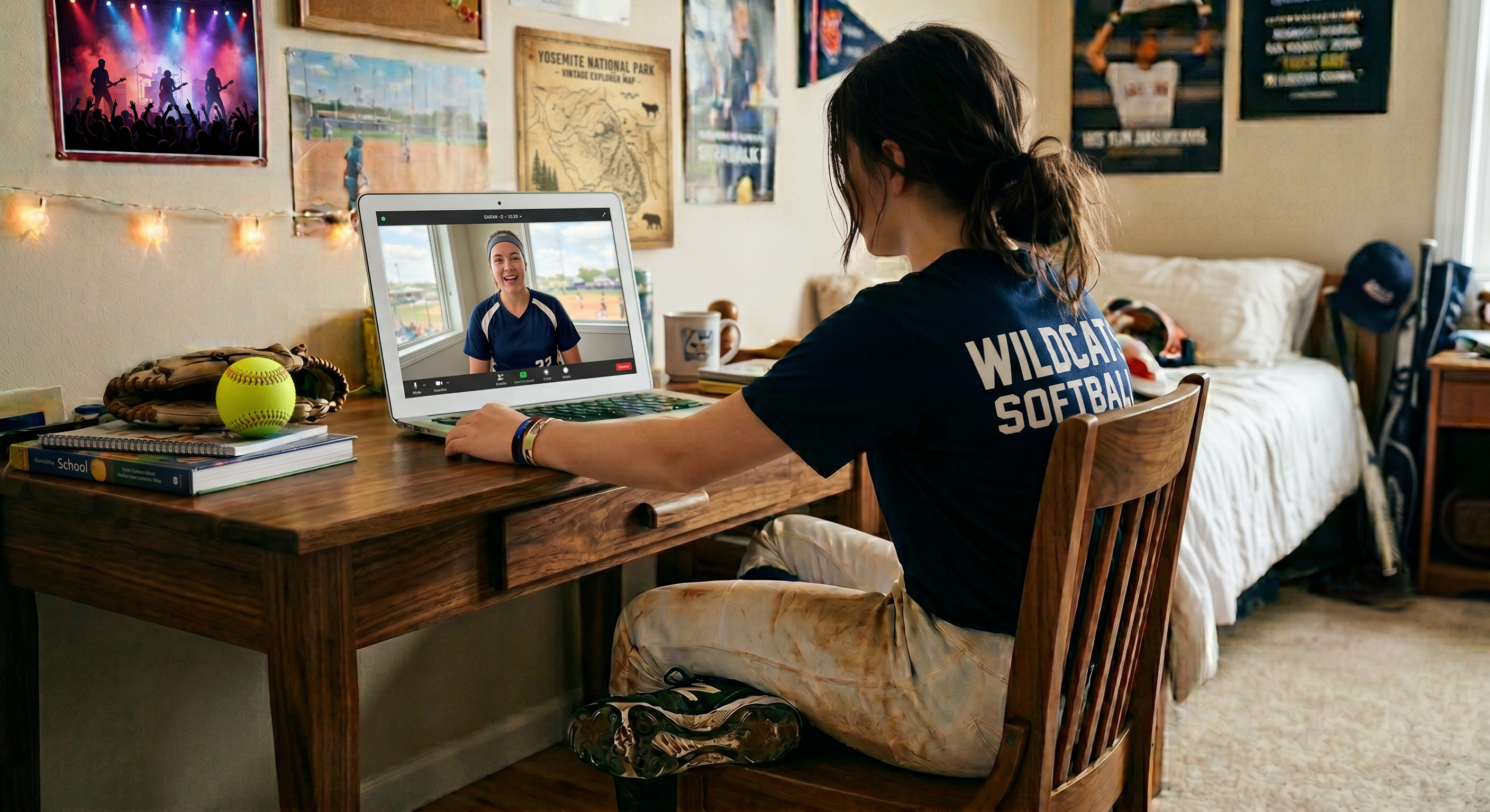 Youth softball player on a video call with her college athlete mentor